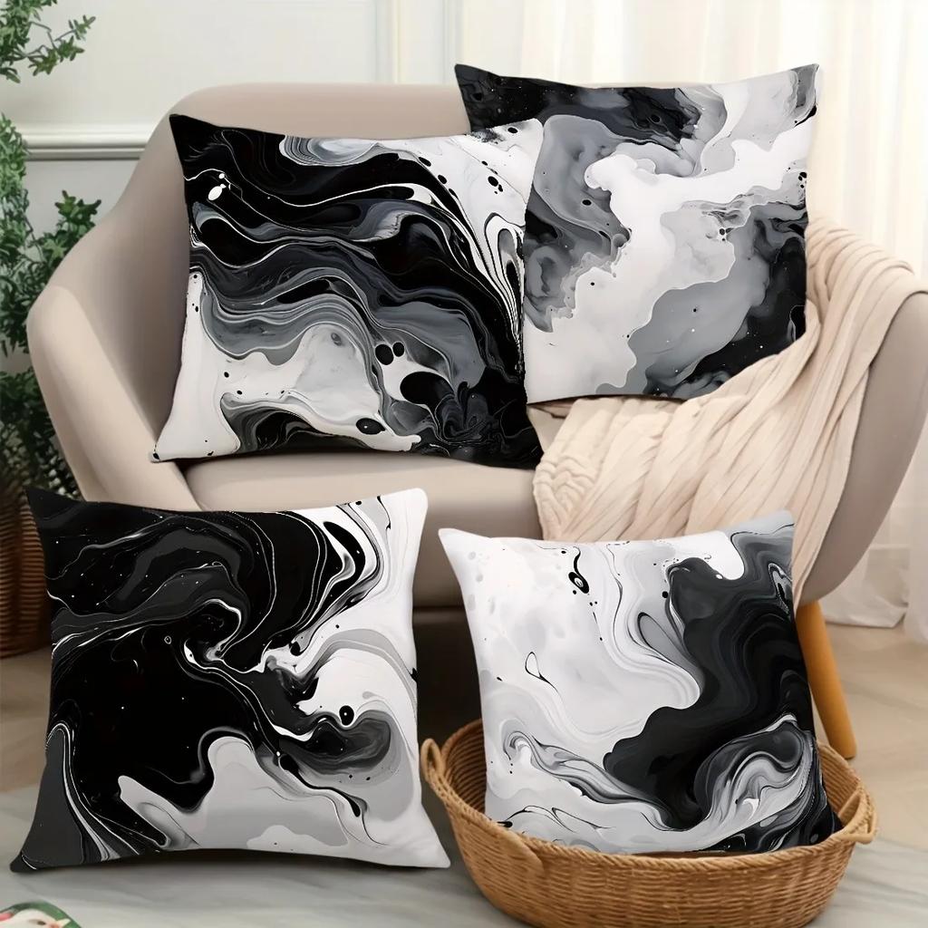 4Pc Black And Gold Brushstroke Art Pillowcasebedroom Living Room Sofa Home Decor Polyester Cushion Cover With Zipper