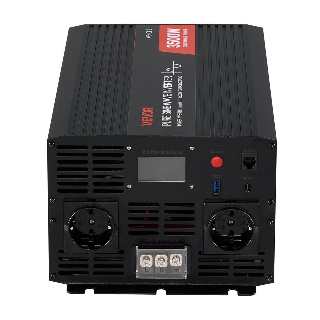 3500W Wechselrichter, 12V DC auf 230V AC Reiner Sinus-Wechselrichter, Solar Auto Ladekonverter mit LCD-Display, Fernbedienung, USB-Anschluss, 2 AC-Steckdosen,