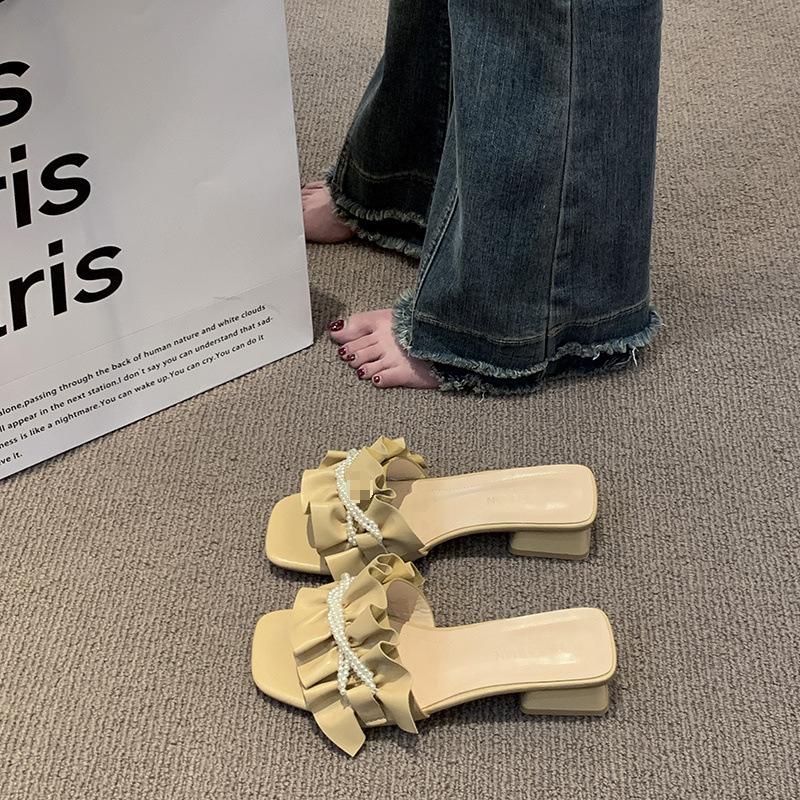 

Французские сандалии высокого класса летняя одежда жемчуг маленький ароматный темперамент ниша шлепанцы на толстом каблуке 39 жёлтый