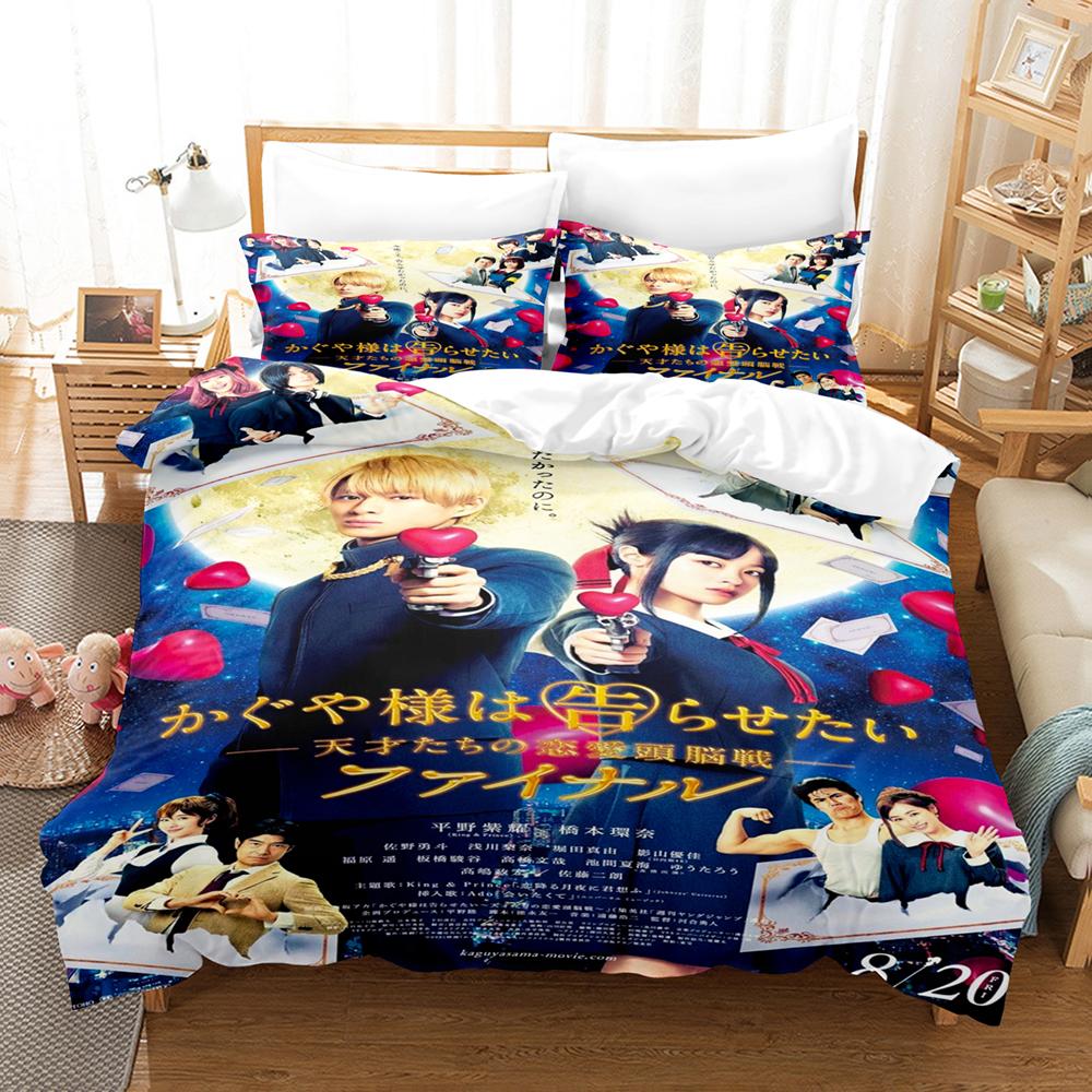 Kaguya Sama Love Is War Bettwäsche-Set 3-teilig Kaguya und Miyuki Herzform Roter Hintergrund Anime-Print Bettbezug Alle Größen