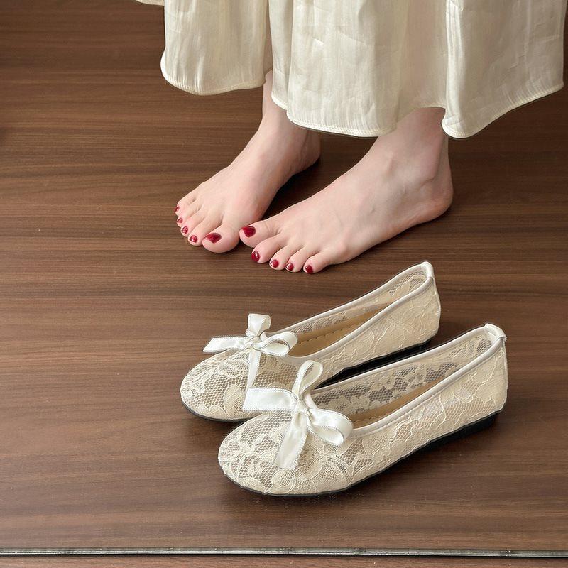 

Women S Mesh Breathable Flat-Bottomed Beanie Shoes Fairy Shoes Gentle Single Shoes New Year S Bow Summer One Pedal 35