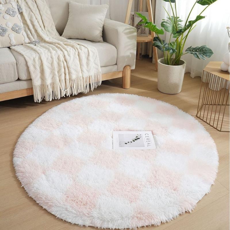Checkerboard Round Fluffy Shaggy Rug Soft Long Pile Carpet for Bedroom Living Room Plaid Area Rug Kids Room Circular Mat