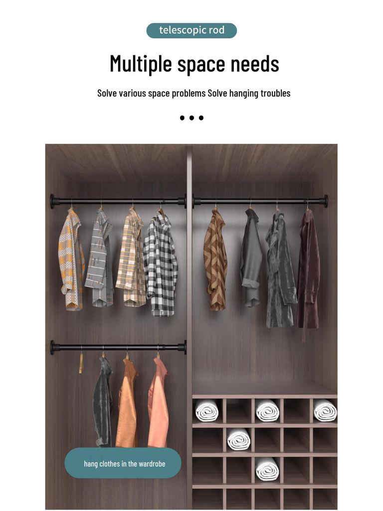 Nastavitelná teleskopická tyč bez vrtání pro sprchové závěsy, věšení oblečení, sušení na balkoně a organizaci šatní skříně