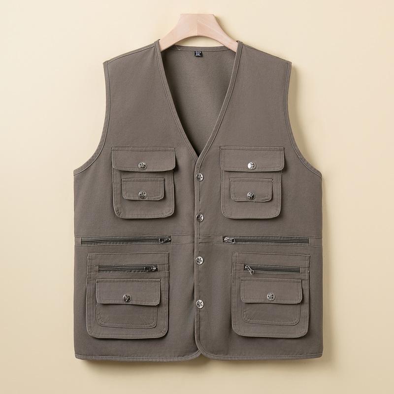 

Весенне-осенний мужской хлопковый жилет с V-образным вырезом большого размера, жилет для мужчин среднего возраста с несколькими карманами, для среднего и пожилого возраста, жилет с зажимом для лошади, мужской свободный жилет с пряжкой 4XL