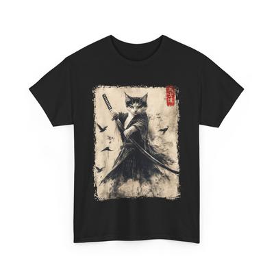 Samurai Cat Graphic Tee Warrior Vintage Japanese Art Anime T-Shirt