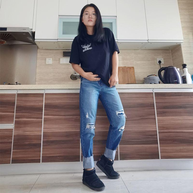 

20% off for One Piece, Two Pieces, 50% off for Other Orders, Loose Inelastic Hole & Patch Blue Boyfriend Style, Raw Edge Denim Pants so boyfriend hole patch 3 pieces