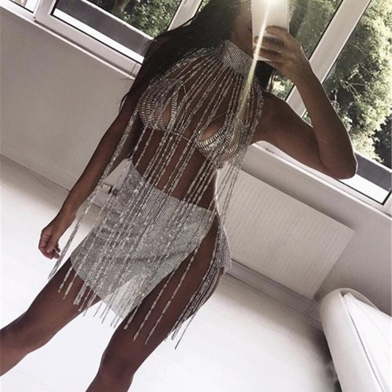 Xqwewanticedd Women's Gold/Silver/White European And American Fashion Rhinestone Body Chain Jewelry Sexy Exaggerated Flash Diamond Fringed Body Chain Necklace Cape Woman