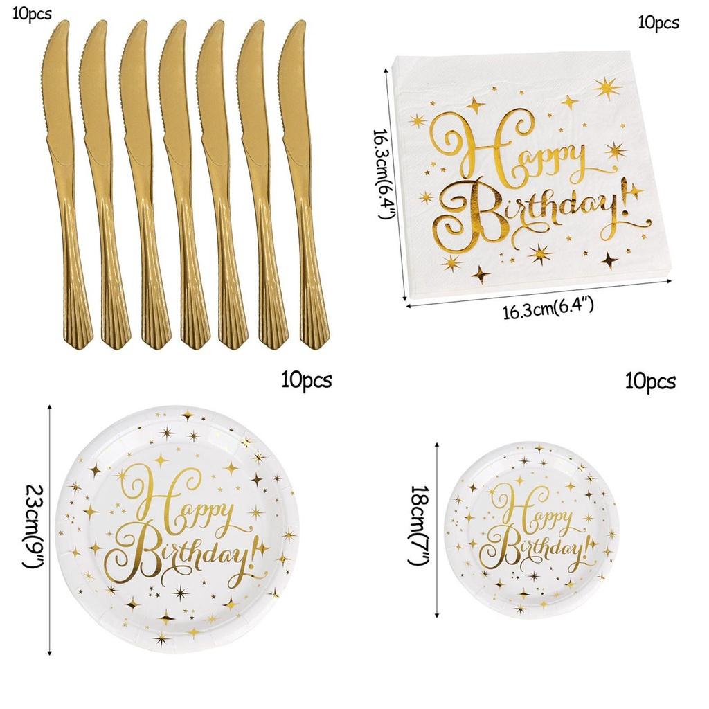 Elegant Gold Polka Dot Stamping Happy Birthday Party Decor Supplies Disposable Tableware Set