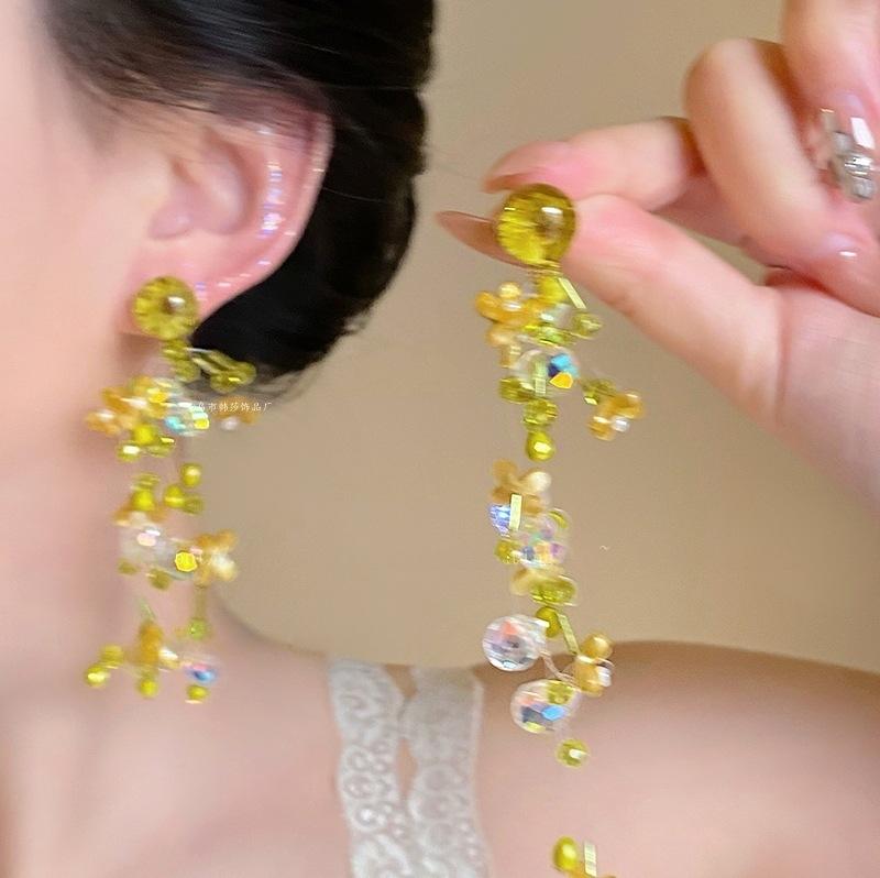 Golden Autumn Dangui Long Tassel Flower Mori Sweet Niche Design Earrings Ear Hooks Mosquito Coil Disc Ear Clips Women
