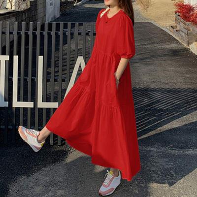 Women Summer Dress A-line Patchwork Big Hem Short Sleeve Crew Neck Pure Color Loose Ankle Length Pleated Soft Breathable Lady Maxi Dress