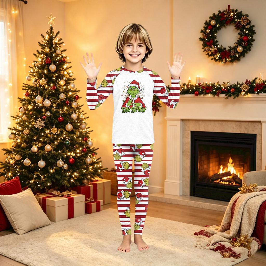 Christmas Family Matching Pajama Set with Printed Round Neck Long Sleeve Top and Pants for Parents and Kids