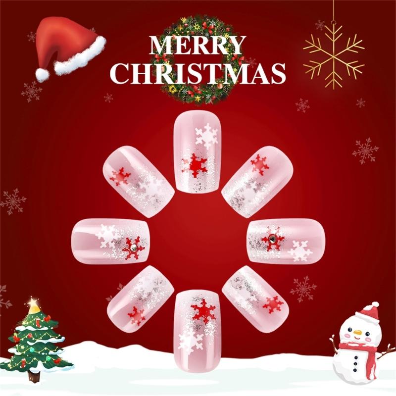 Christmas Fake Nail Square Press on Nail Snowflake Acrylic Nail Full Cover False Nail Stick on Nail Artificial Nail
