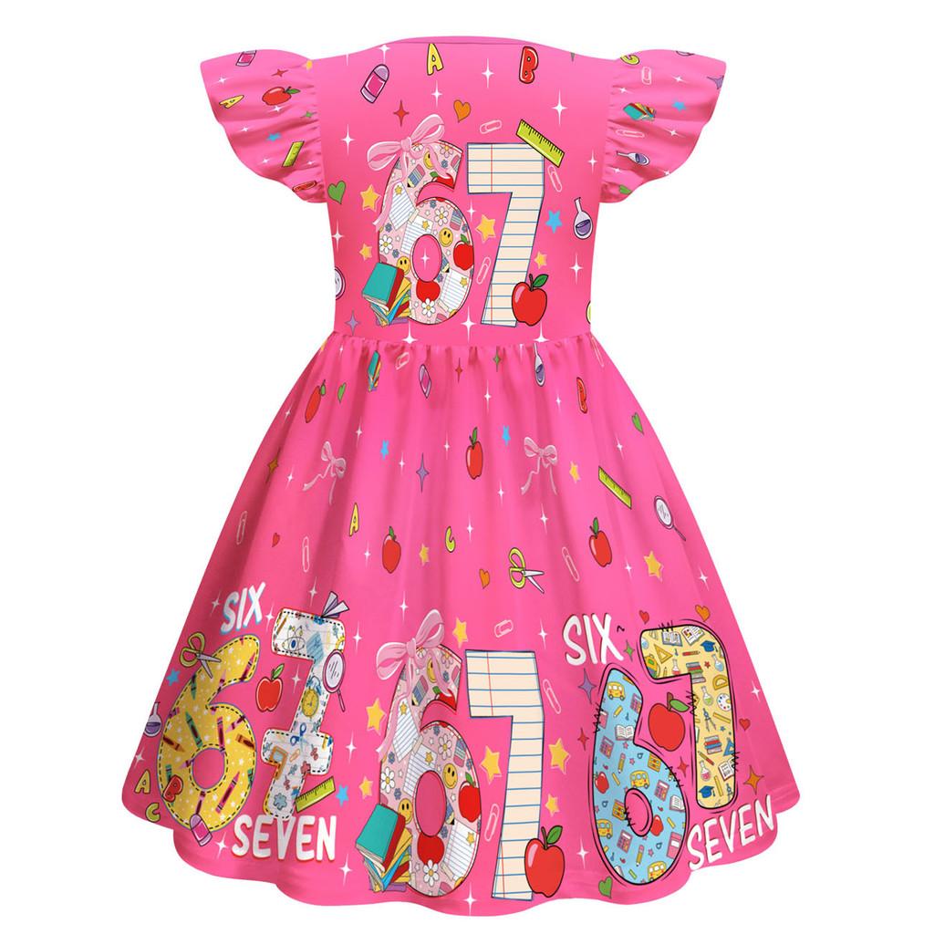 82838 Kids Girls Steal a Brainrot 67 Six Seven Print Ruffle Sleeveless Princess Dress