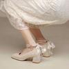 2025 New Red Bow Pearl Mary Jane Platform Lolita Heels for Women Chunky Wedding Shoes Waterproof Mid Heel Single Shoes