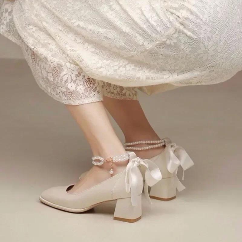 Fashion 2025 New Red Bow Pearl Mary Jane Platform Lolita Heels for Women Chunky Wedding Shoes Waterproof Mid Heel Single Shoes