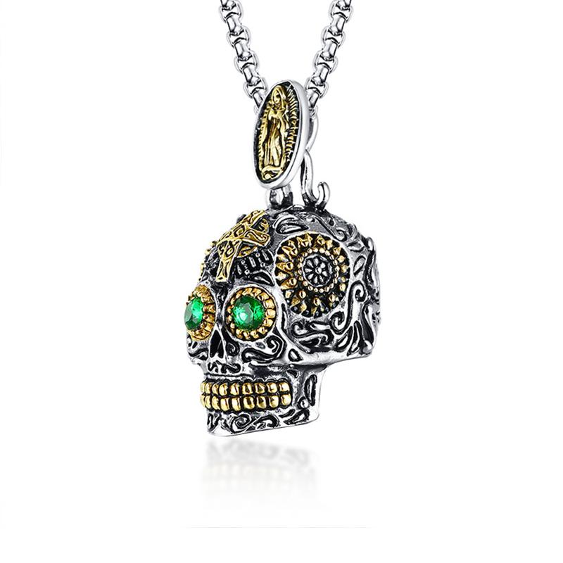 

Gothic Cool Men s Green Eyes Skull Pendant Necklace Stainless Steel Man Fine Carving High Quality Detail Biker Skull Jewelry Pendant Only серебряный