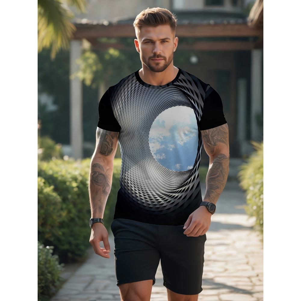 Men's Summer Digital Print Shirt - Casual Short-Sleeve Crew Neck Top, Abstract Pattern, Breathable and Machine Washable