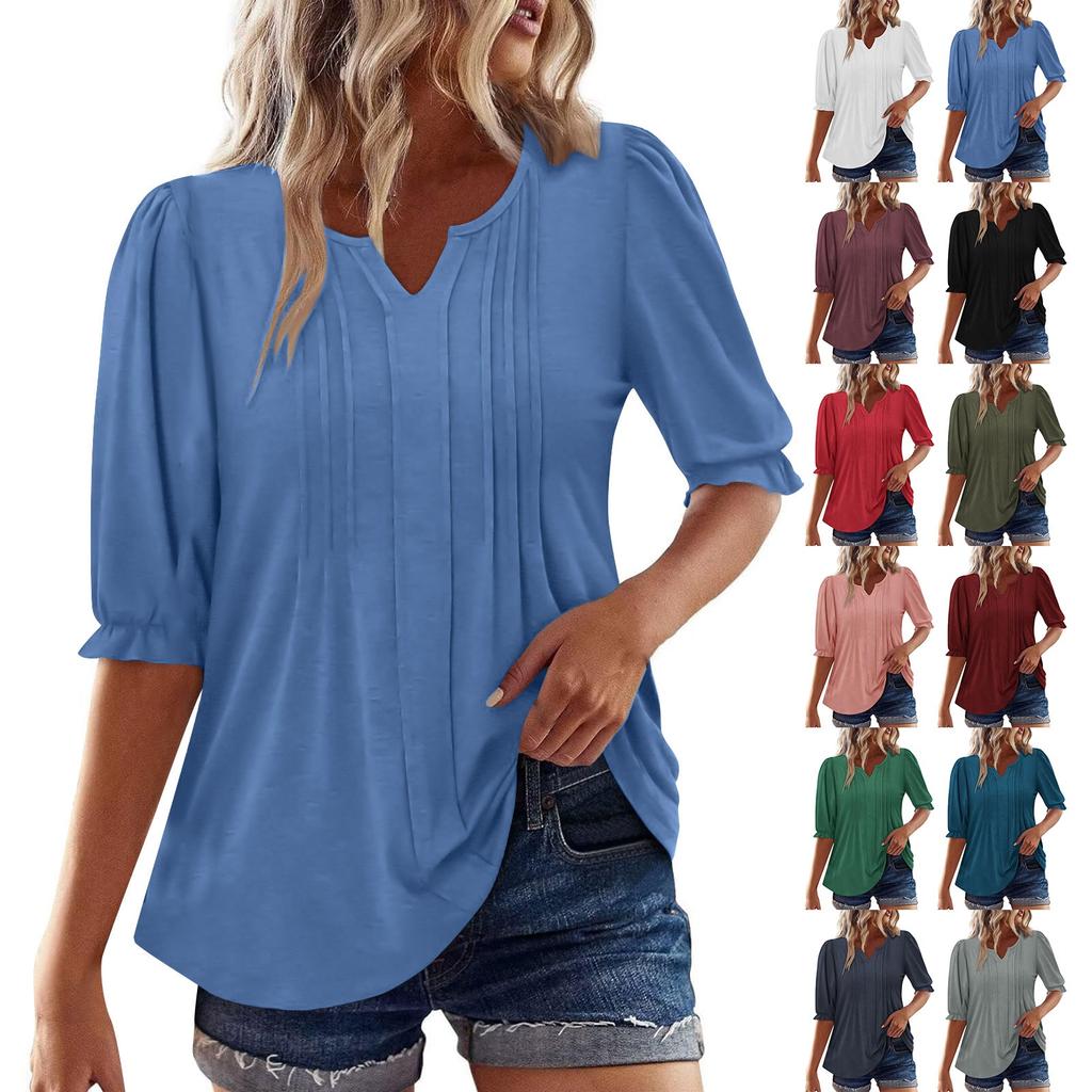 Women's Fashion Casual V-Neck Button-Front Pleated T-Shirt With Short Sleeves In Solid Color
