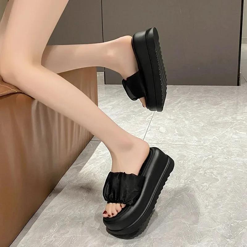Summer Women Lace Chunky Slippers Beach Flip-Flops Wedge Heels Shoes Woman High Platform Slippers Outside Sandals 7CM Slides