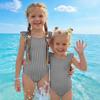 Girls One Piece Swimsuit Striped Print Sleeveless Ruffle Shoulder Swimwear Kids Summer Beachwear Bathing Suit for Children