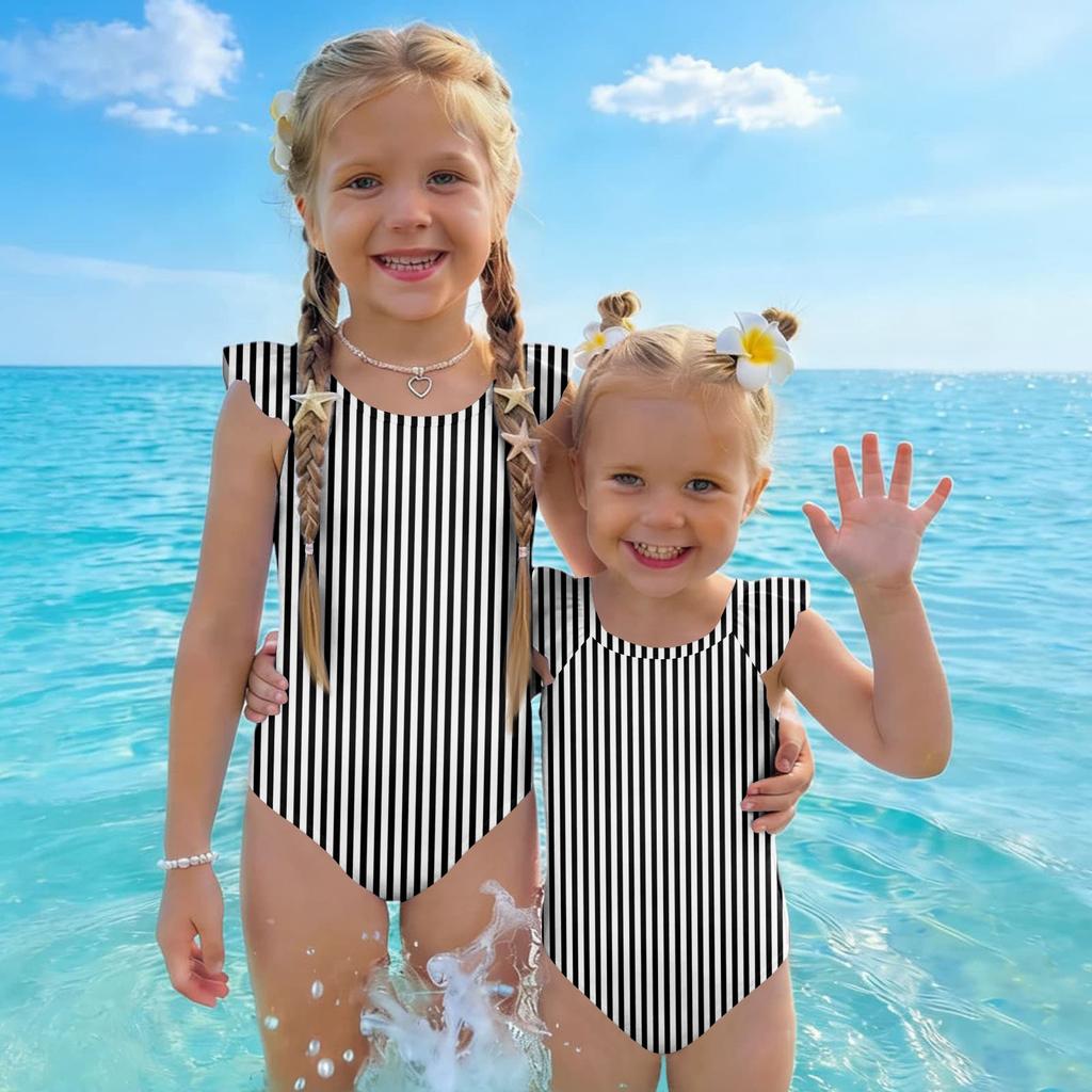 Girls One Piece Swimsuit Striped Print Sleeveless Ruffle Shoulder Swimwear Kids Summer Beachwear Bathing Suit for Children
