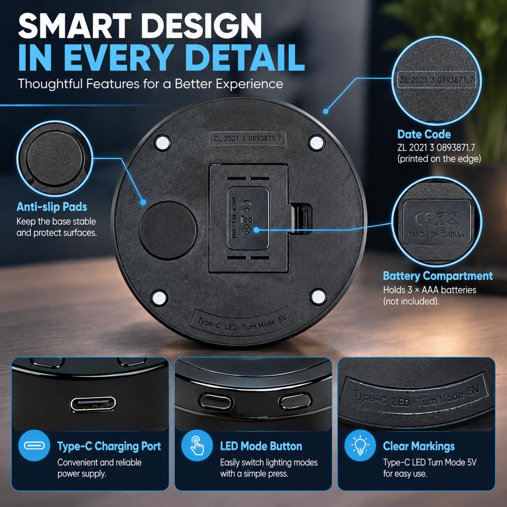 LED Rotating Light Base with 8 Lighting Modes, USB/Battery Powered