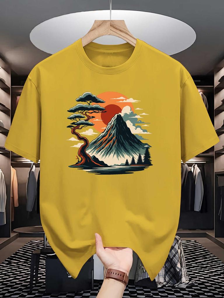 Unisex Yellow Tee Fuji Mountain Pine Sunset Landscape Graphic Print Crew Neck Short Sleeve Summer Casual Male Cotton Street Top