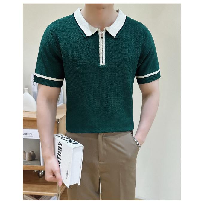 

Мужская модная рубашка-поло с цветными блоками из прохладного шелка, летняя, с сетчатой текстурой, приталенного кроя, с коротким рукавом, дышащая, тонкий топ 3XL темно-зеленого