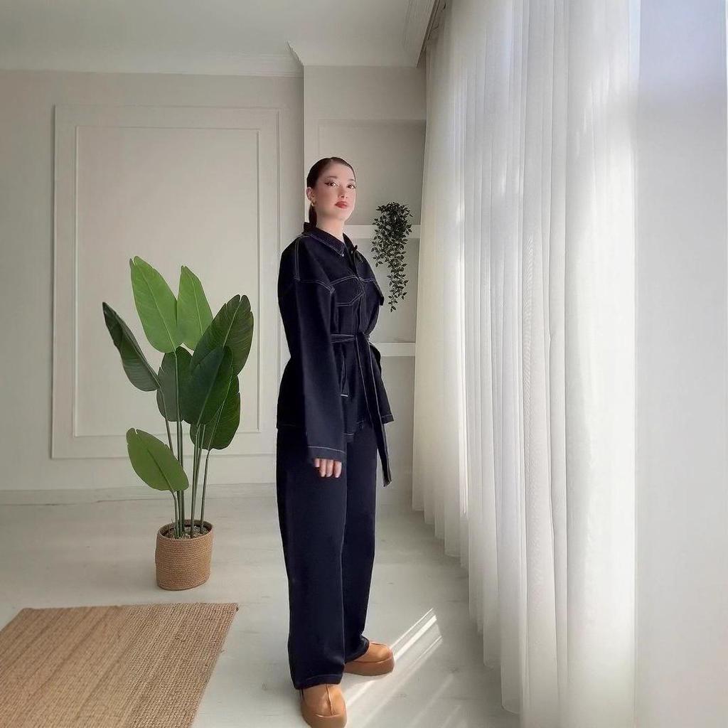 Damen Herbst Polo Kragen Langarm Taillenraffung Kunstdenim Freizeit Overall