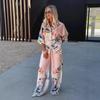 Damen Kurzarm Print Hemd und Weite Hosen Set Rosa Künstlerisches Muster Zweiteiliges Outfit