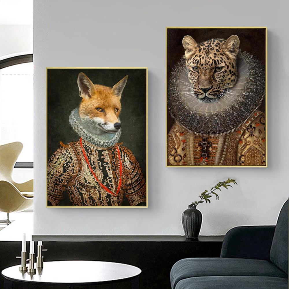 Engraçado Renascimento Retrato Pintura Tela Impressão Pôster Arte de Parede Cabeça de Animal Corpo Humano Imagem para Sala de Estar Decoração de Casa