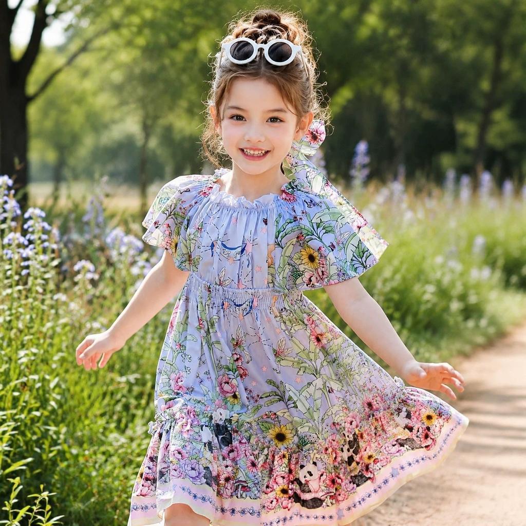 Summer Girls Thin Panda Print Dress Sweet Puff Sleeve Princess Dress