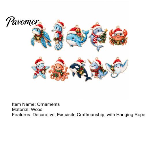 Ocean Theme Christmas Ornaments Wooden Sea Animal Pendants, 2D Flat Themed Cartoon Figures, Decorative Winter Party Hanging Decorations Banner