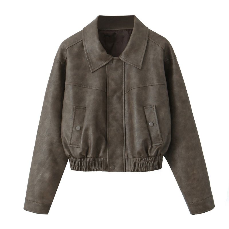 

Maillard Series Coffee Color American Sweet Cool Gyaru Heavy Industry Distressed Locomotive Vintage jacket Leather Coat Length Outerwear Short Brown Leather Coat L