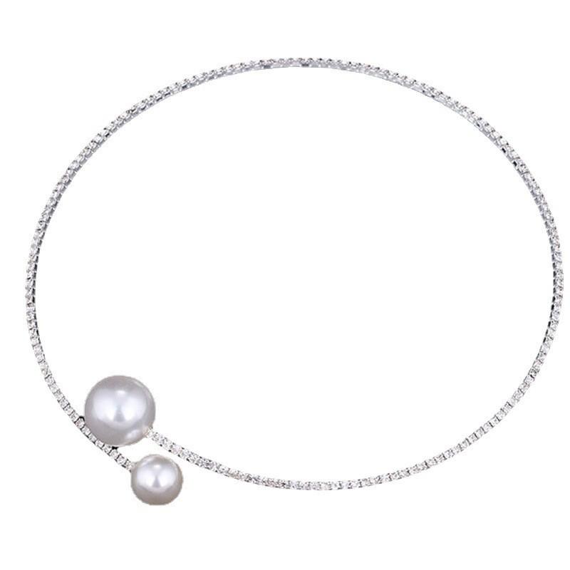 Minimalist Jewelry Set: Diamond & Pearl Choker, Clavicle Chain Necklace, Earrings & Bracelet