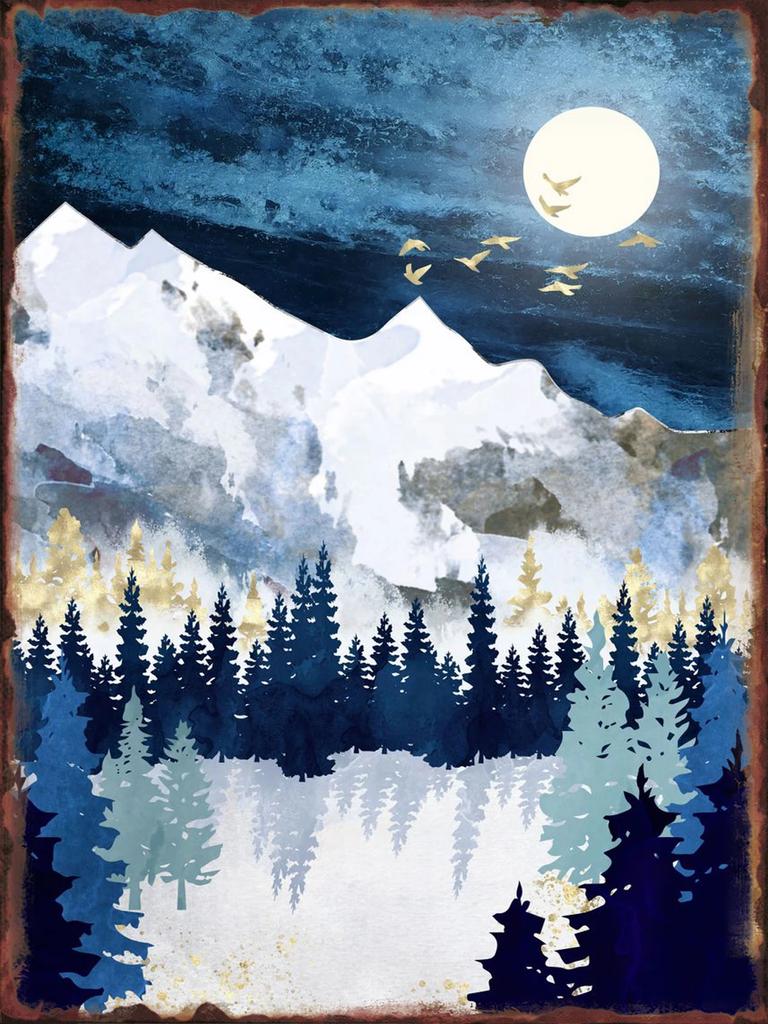 Moonlit Mountains Metal Tin Sign Hanging Wall Decor Aesthetic Iron Plate for Home Sofa Background Decorative Plaque Art