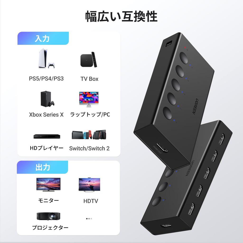 UGREEN HDMI Switcher [5 Inputs, 1 Output, 4K@60Hz] Selector HDCP 2.2/HDMI 2.0 Switcher Manual Switching PS3 PS4 PS5 Switch Compatible Black