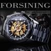 FORSINING Men's Automatic Skeleton Watch, Hollow Mechanical Automatic Luxury Watch with Blue and Black Stainless Steel Band, Waterproof, Black Gold, M