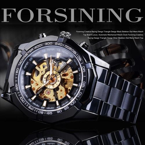 FORSINING Men's Automatic Skeleton Watch, Hollow Mechanical Automatic Luxury Watch with Blue and Black Stainless Steel Band, Waterproof, Black Gold, M
