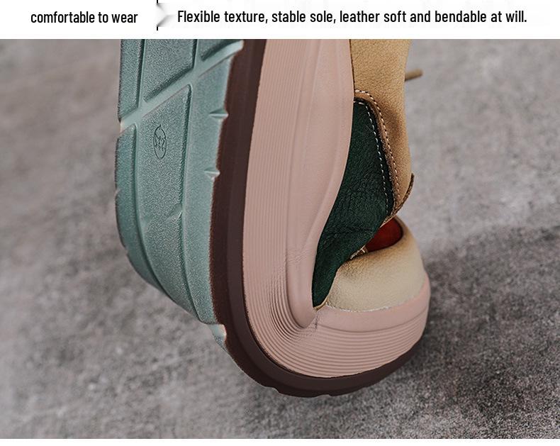 Autumn Women's Thick Sole Genuine Leather Lace-up Casual Shoes - Colorblock Low-top Spring Design