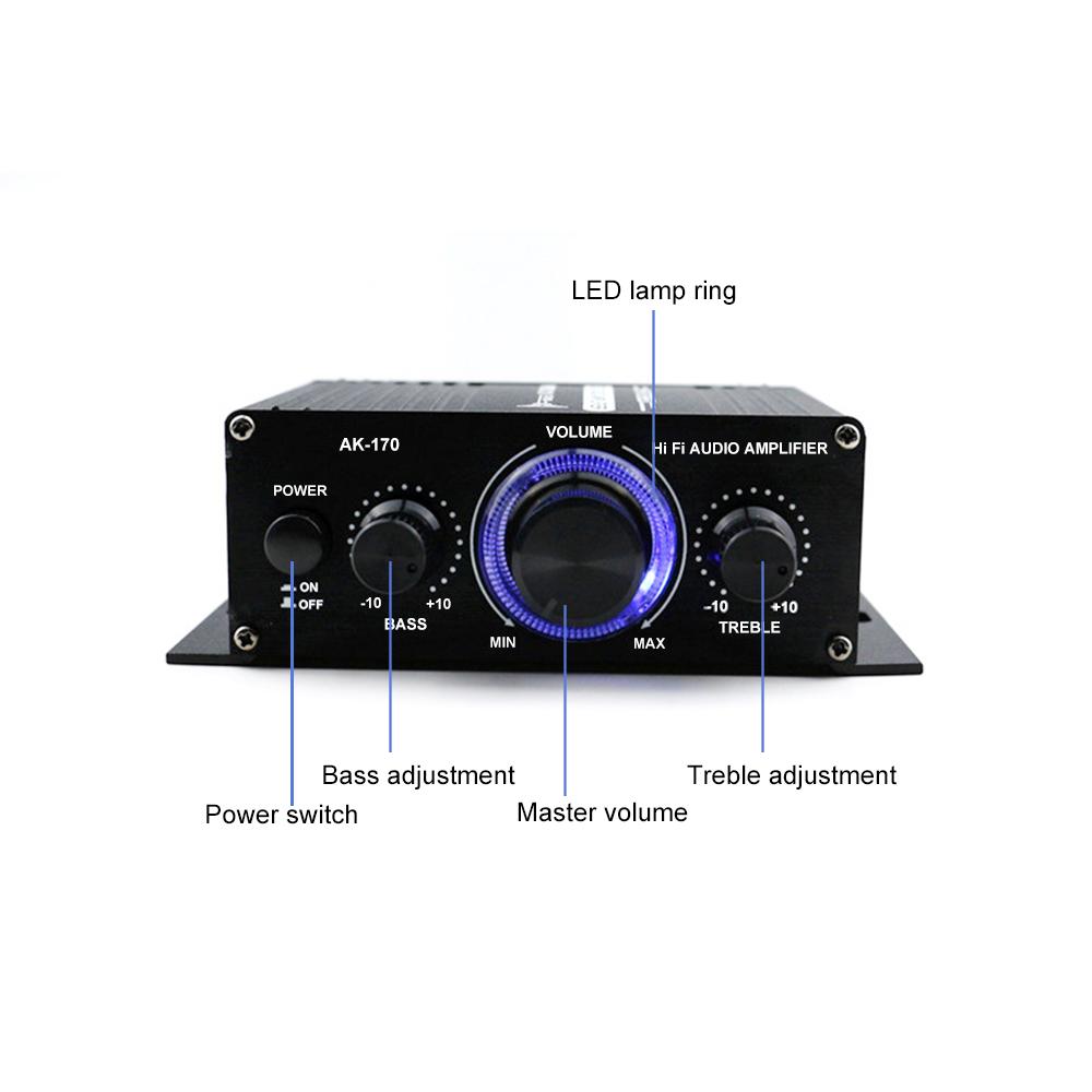 AK170 12V Mini Audio Power Amplifier Digital Audio Receiver AMP Dual Channel 20W+20W Bass Treble Volume Control for Car
