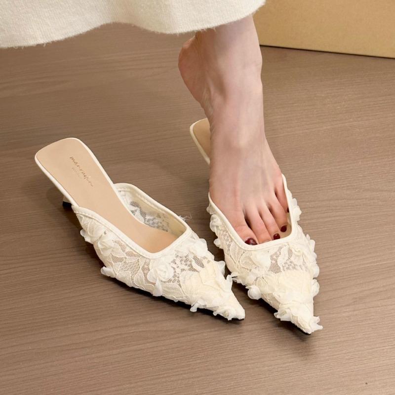Womne's High Heel Slippers French Style Pointed High Heels Single Shoes Summer Women BaoTou Half-slippers Mules Slippers