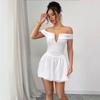 Europe and the United States Summer Hot-selling One-word Shoulder Deep V-neck Dress, New Pleated Shoulder Sleeves Sexy Backless Short Skirt