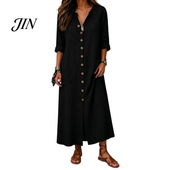 Casual Jurk voor Dames Zomerse Knopen Lange Jurk, Losse V-hals Tunique voor Dagelijks Gebruik Opgerolde Mouwen Vakantie Loungewear Middellang