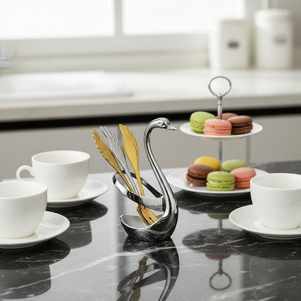 Stainless Steel Cutlery Holder Racks with Forks Spoons Dessert Forks Spoons Swan Cutlery Set Tea