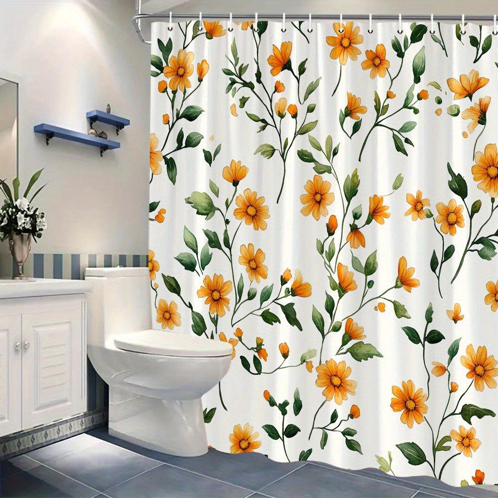 1 Watercolor Daisy Shower Curtain, bright orange floral pattern with yellow center, with hooks, machine washable