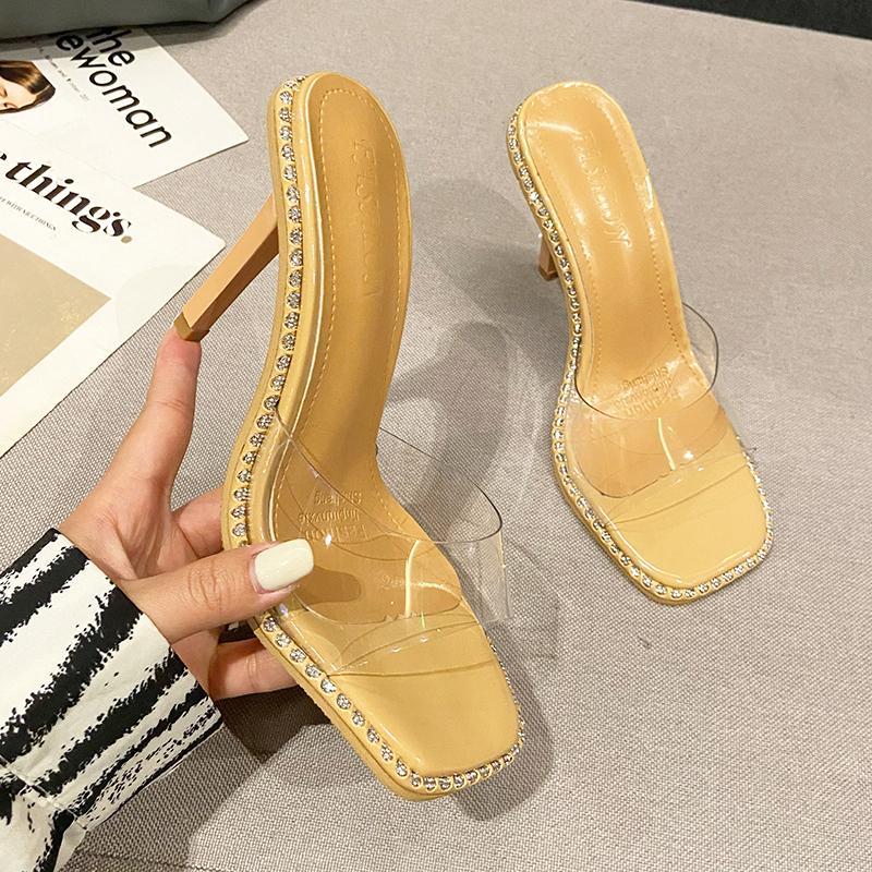 Women Summer New One Word Transparent Female Head High Heels Water Diamond Dew Toes Thin Heels External Slippers Zapatos Mujer