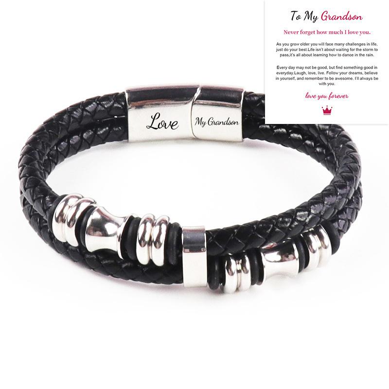 Leather rope bracelet cowhide men's double-layer stainless steel leather woven bracelet handmade multi-layer bracelet