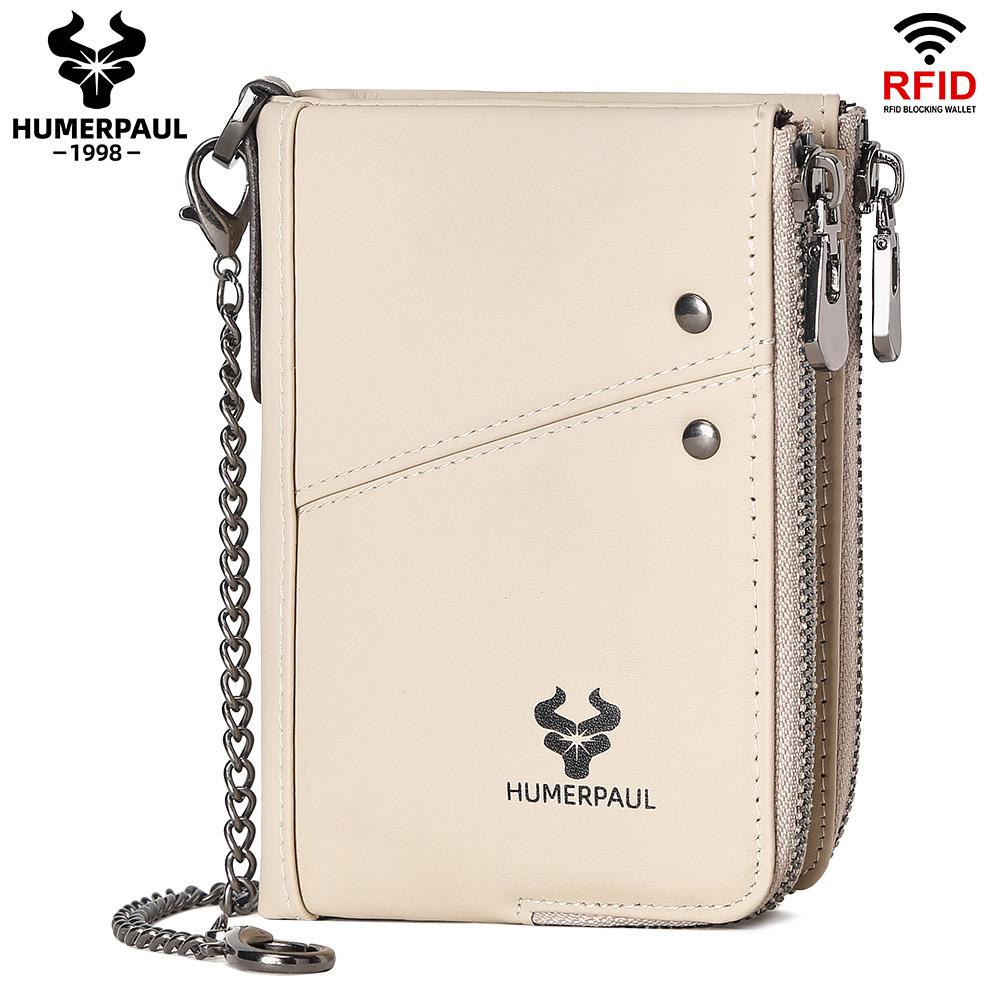 Humerpaul Echt leer RFID-blokkerende dubbele rits Herenportemonnee Bifold Slanke horizontale portemonnee wit