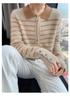 Women's Striped Cashmere Knit Cardigan with Polo Collar - Long Sleeve, Loose Fit, Warm Sweater Coat